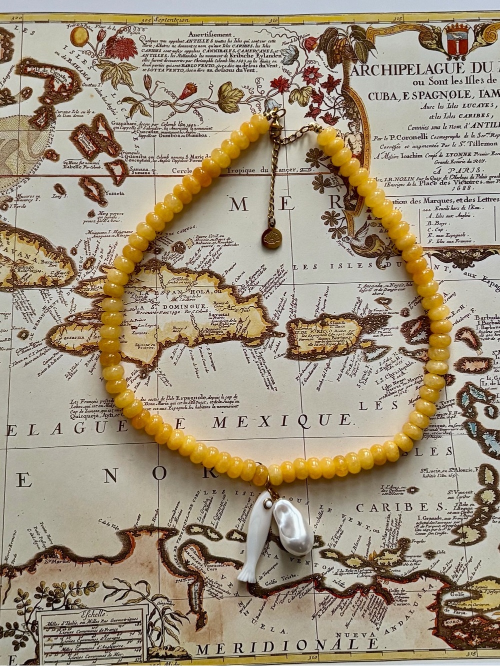 Lux Canary Yellow Beaded Necklace, mother of pearl fish Charms & baroque pearl